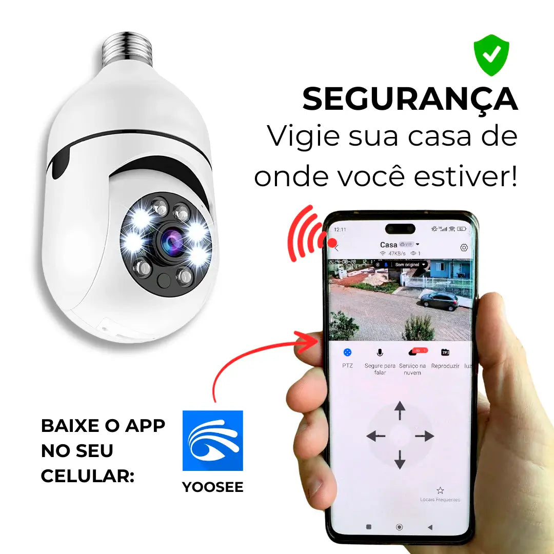 [LEVE 4 PAGUE 1] Câmera de Segurança 360° HD com Visão Noturna + BRINDES: Tranca Elétrica + Mini Refletor LED